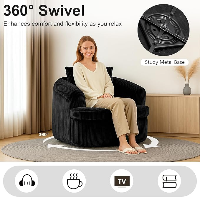 Swivel Accent Chair Modern 360 Degree Swivel Barrel Chairs 36.6 W Corduroy Upholstered Barrel Accent Armchair Comfy Oversized Single Sofa Boneless Chair for Living Room Bedroom Black