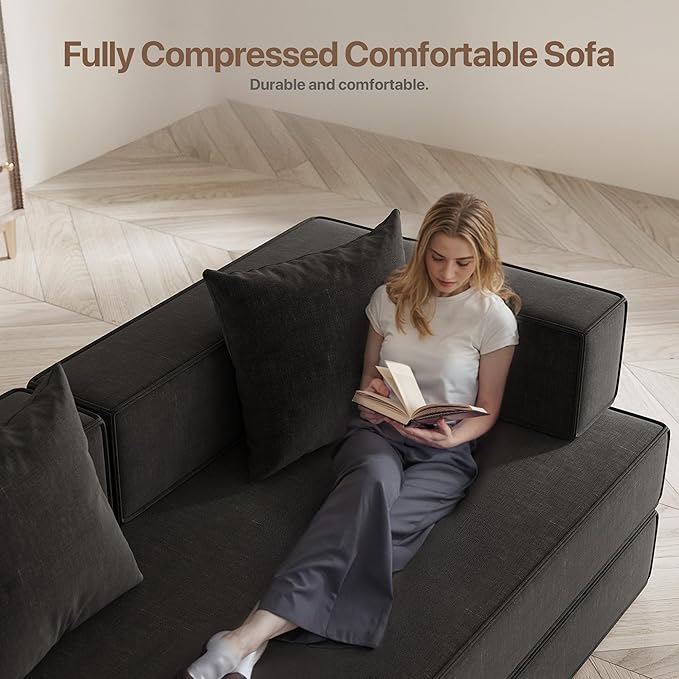 Claiks 4-in-1 Convertible Sofa Bed82 Inch Compression Sofa with Corduroy Fabric Pull Out Sleeper Sofa with 2 Pillows &amp 4 Side Pockets for Living Room Bedroom ApartmentNo Assembly RequiredBlack
