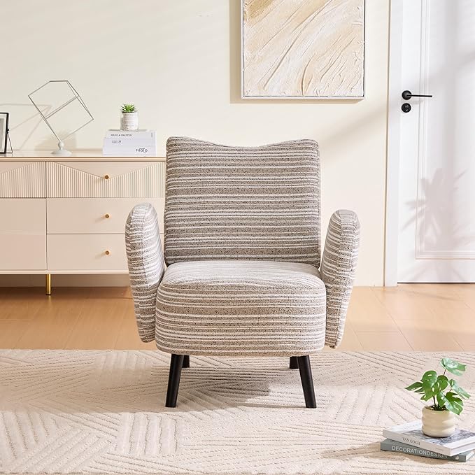 Modern Upholstered Armchair with Side Storage Pocket Fabric Reading Chair with Solid Wood Legs Ergonomic Accent Chair for Living Room Bedroom &amp Office (Khaki)