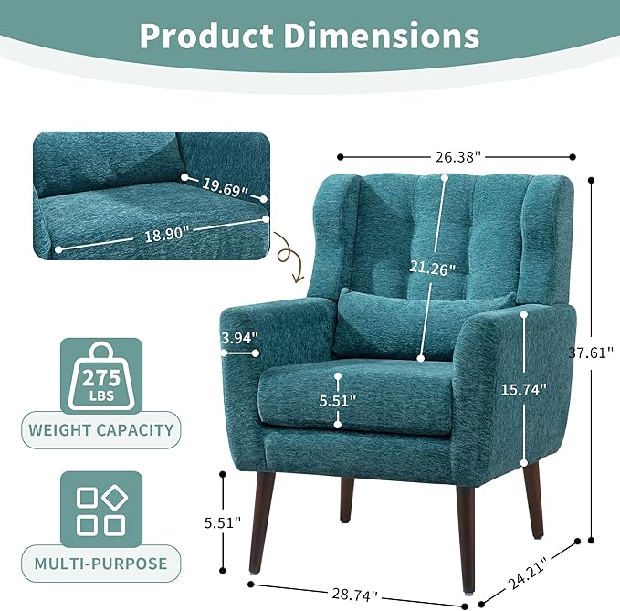 Modern Accent Chair Upholstered Arm Chair with Waist Pillow Single Sofa Chair for Living Room Bedroom Small Spaces (Teal)
