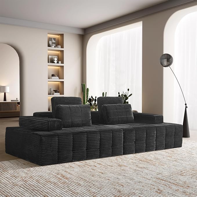 Modular Sectional Sofa with Movable Handrails Straight-Row Boneless Sofa Sectional Couch for Living Room Deep Seat Memory Foam Faux Rabbit Fur Fabric Sofa No Assembly Required(Black)