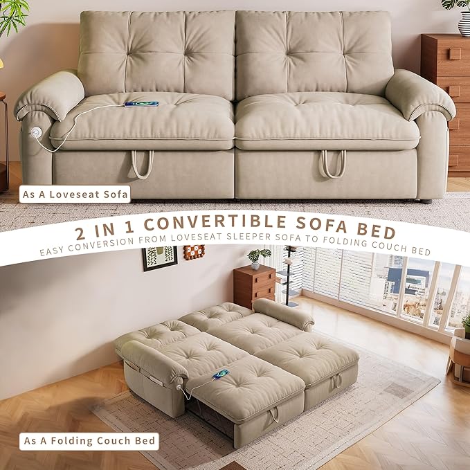 77 Pull Out Sofa Bed Velvet Convertible Sleeper Couch Loveseat Chaise Lounge with Side Pockets and USB Pullout Futon Sofa Bed for Living Room Bedroom Small Spaces RV (Brown)