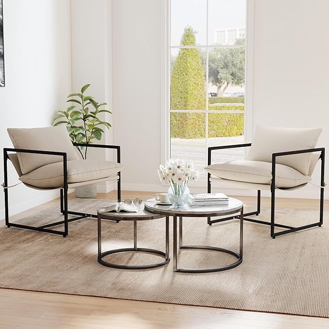 Kromax Sling Accent Chair Cozy Living Room Chairs Square Metal Frame Upholstered Soft Cushion Sponge 28 x28“x32 Easy Assembly Beige