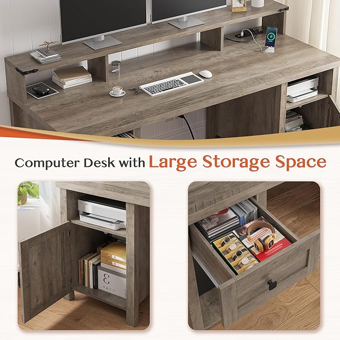 EnHomee Computer Desk with Drawers23 D Home Office Desk with StorageWooden Desk with Monitor StandFarmhouse Desk with Printer Space and Power Outlets for StudioWork StudyWriting&ampGaming