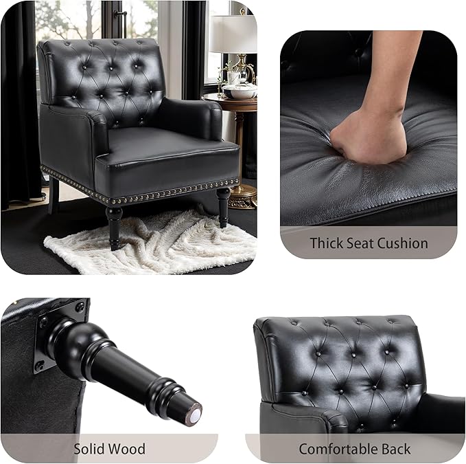 MOJAY Faux Leather Accent Chair Mid-Century Armchair Living Room Sofa Chair with Rubber Wood Leg Club Chair with Rivet Trim for Bedroom Reading Room Reception (Black)