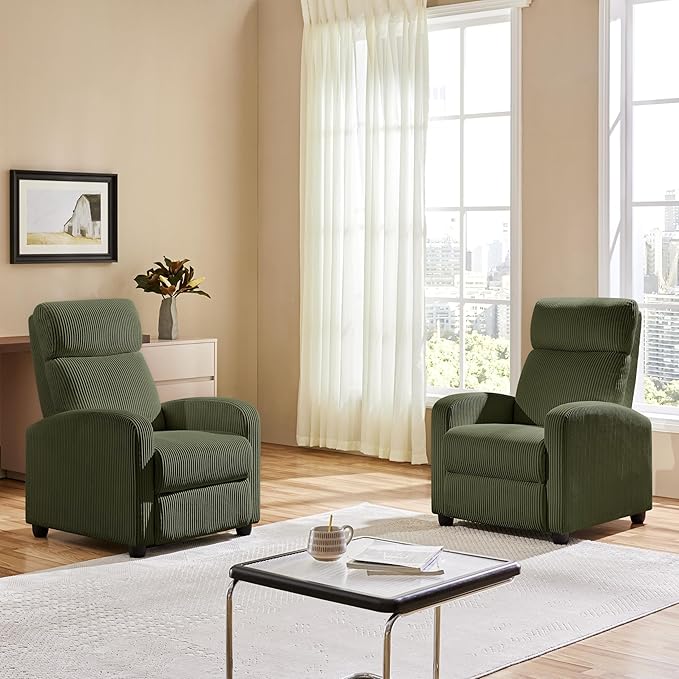 Yaheetech 2-Seat Corduroy Pushback Recliner Chair Living Room Chair with Thick Seat Cushion and Backrest Reclining Chair for Living Room Dark Green