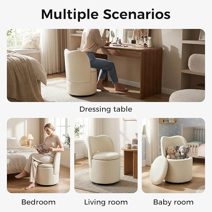 Swivel Velvet Vanity Chair with Storage Upholstered Vanity Stool with Back Sherpa Vanity Stool Chair Round Makeup Chair Swivel Accent Chair Barrel Armchair Soft Padded Seat for Living Room Bedroom