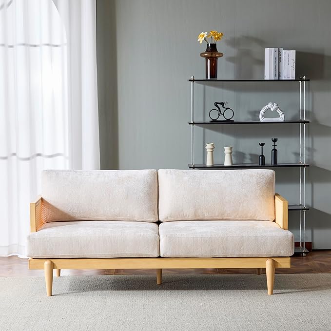 72 Square Arm 3-Seater Sofa with Cane Rattan &amp Rubber Wooden Frame Tapered Legs High-Resilience Sponge Beige Cushions Vintage Modern Couch for Living Room Bedroom Apartment Office Natural