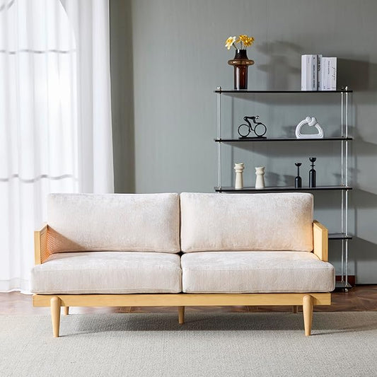 72 Square Arm 3-Seater Sofa with Cane Rattan &amp Rubber Wooden Frame Tapered Legs High-Resilience Sponge Beige Cushions Vintage Modern Couch for Living Room Bedroom Apartment Office Natural