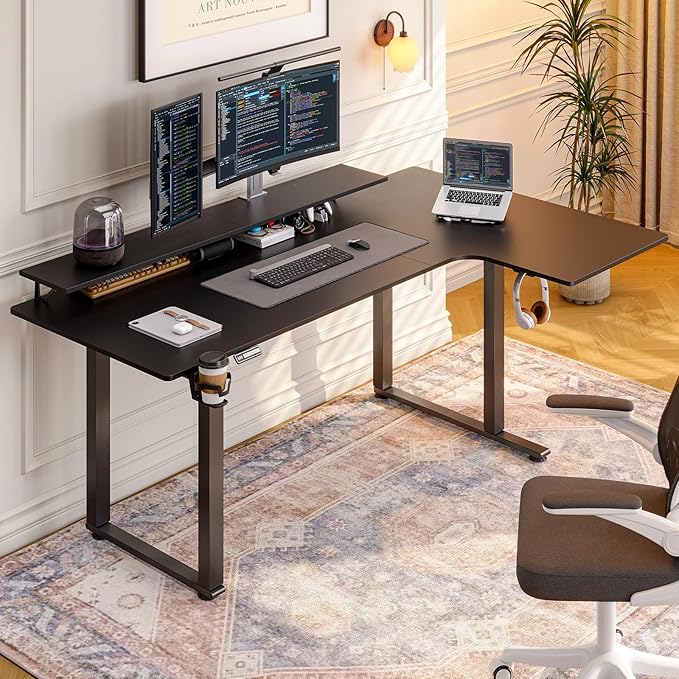 L Shaped Electric Standing Desk 71x43'' Computer Desks with 2 Monitor Shelves Dual Motor and Memory Controller Gaming Corner Desk Adjustable Height from 28-46'' for Home Office Workstation Black