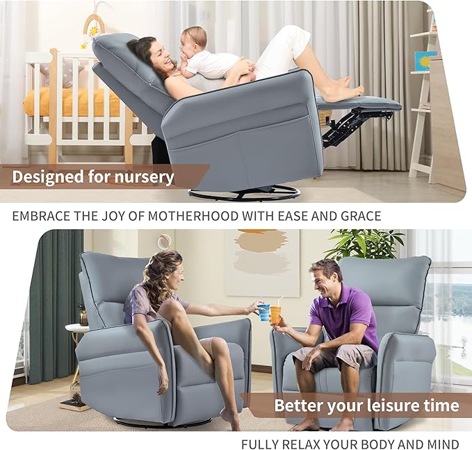 270° Power Swivel Rocker Recliner Chair for Adults – Electric Reclining Small Sofa Chair with Smooth Rocking &amp Rotation Comfortable Single Recliner for Living Room Bedroom (Blue)