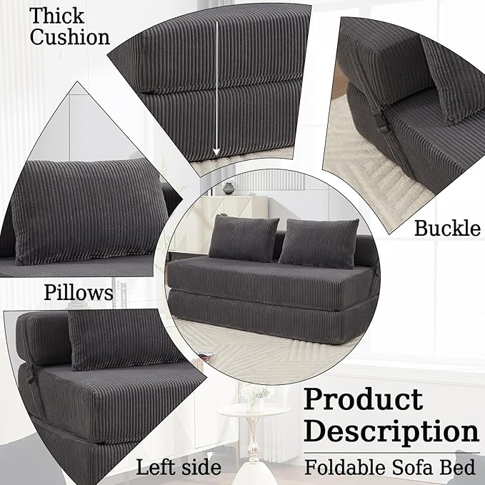 55 Convertible Folding Sofa Bed with 2 Pillows Corduroy Foldable Sleeper Sofa for Adult Floor Couch Bed for Living Room Bedroom No Assembly (Grey)
