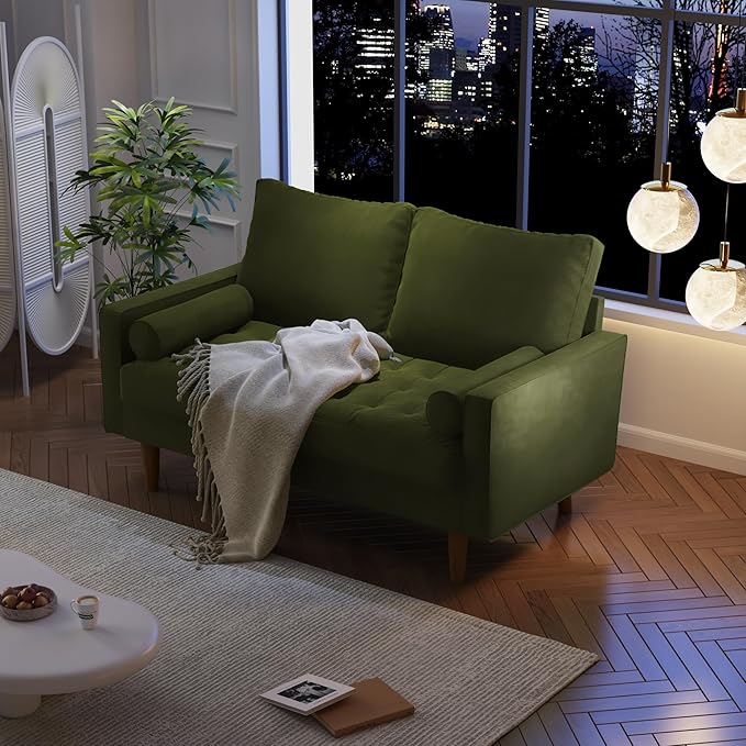 SILKIR Velvet Loveseat Sofa Love Seats Furniture for Small Spaces Mid-Century Modern Loveseats for Living Room Love Seat Couch 58 Inches Olive Green