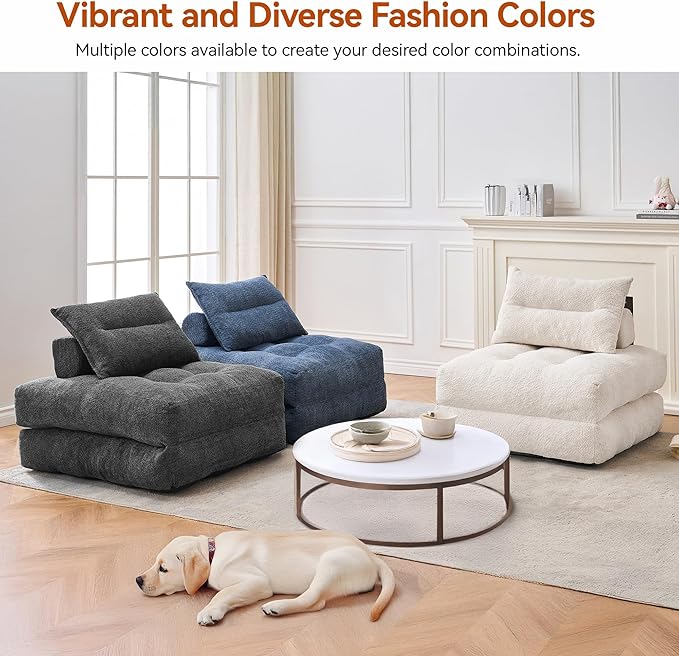 Folding Sofa Bed Fold Out Chair Bed with Pillow Convertible Sleeper Chair for Living Room/Guest Room Foldable Lazy Sofa Bed Floor Chair Comfy Teddy Velvet Couch Bed Grey