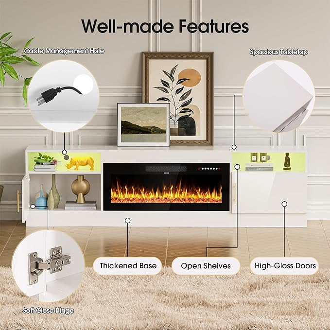 AHB Fireplace TV Stand 80 Inch LED Light Entertainment Center with 36 Electric Fireplace Storage Cabinet and Door Handles Media Console Table for TVs Up to 90 Inches Ideal for Living Room