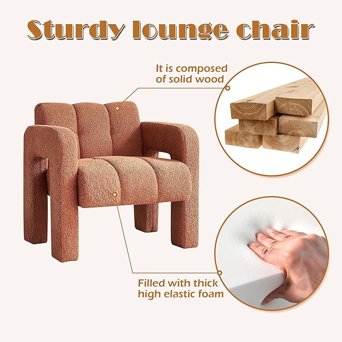 Yoglad Modern Accent Chair Bouclé Fabric Upholstered Armchair Comfy Single Chair for Living Room Lounge Bedroom Office-Orange