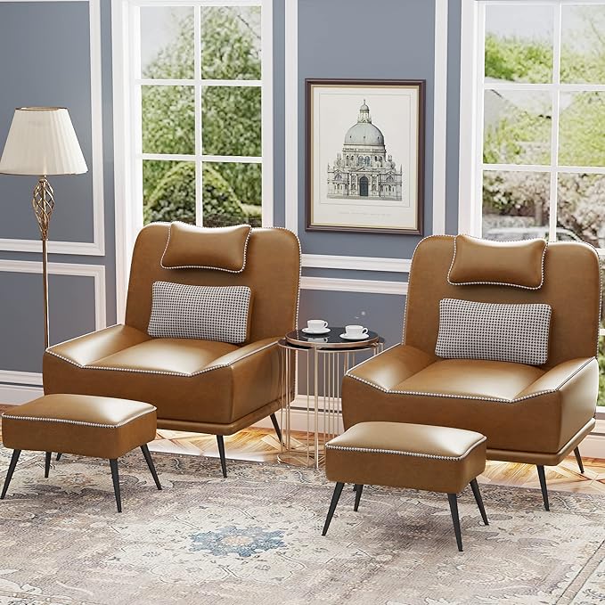 Yongqiang 35 Accent Chair with Ottoman Mid Century Modern Upholstered Faux Leather Chairs for Living Room Bedroom Lounge Chair Armless Sofa Chair and Ottoman Brown