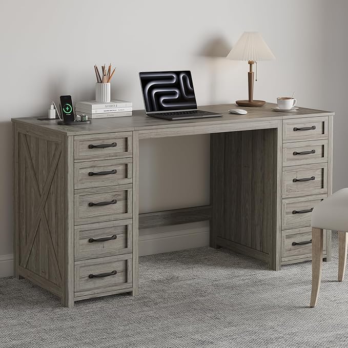 WOPITUES 60 Farmhouse Home Office Desk with 10 Wooden Drawers Rustic Computer Writing Desk with Power Outlets Large Executive Desk with Storage Cabinet for Work Study Writing Craft Gray