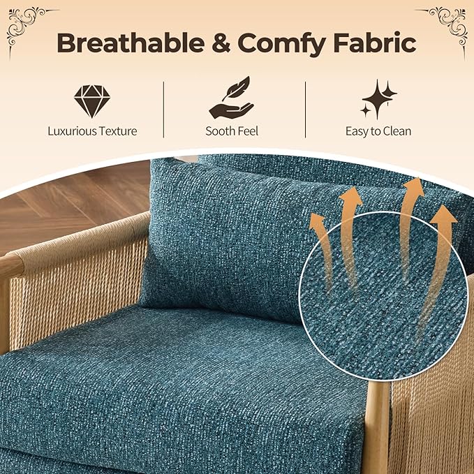 Karl home Cozy Chenille Accent Chair with Lumbar Pillow &amp Rattan Arms Modern Lounge Chair for Living Room Bedroom Reading Nook Blue &amp Green