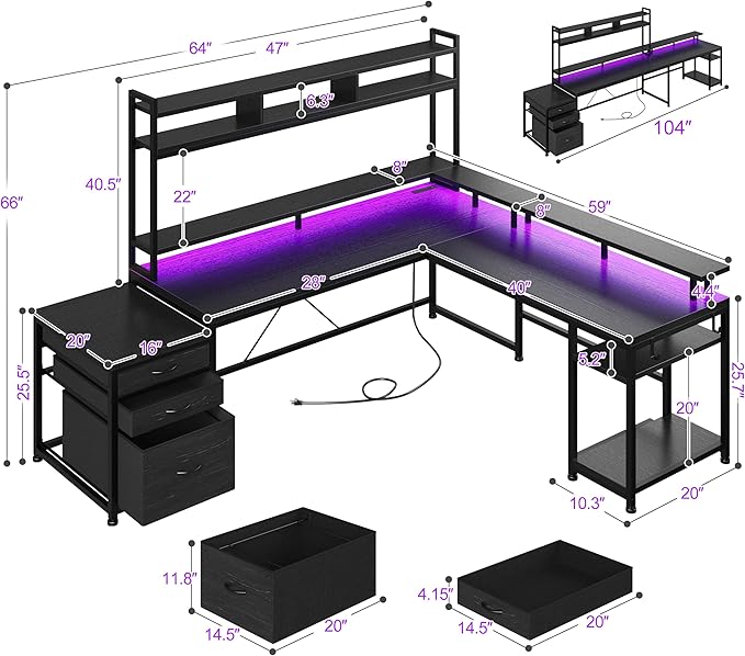 EnHomee 64 x 60 Inches L Shaped Desk with Hutch and Drawers Gaming Desk with Power Outlet &amp Monitor Stand &amp LED Lights Computer Corner Desk Two Person Office Desk for Living Gaming Room B