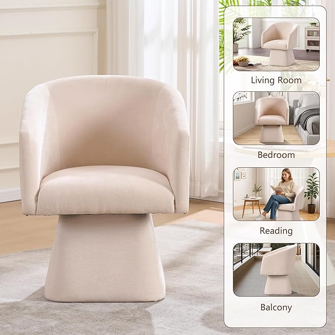 Swivel Modern Accent ChairLuxury Fabric Upholstered Makeup Chair Comfy Barrel Chair with No Wheels360°Rotating Vanity Armchair for Living Room Bedroom Office (WhiteSet of 2)