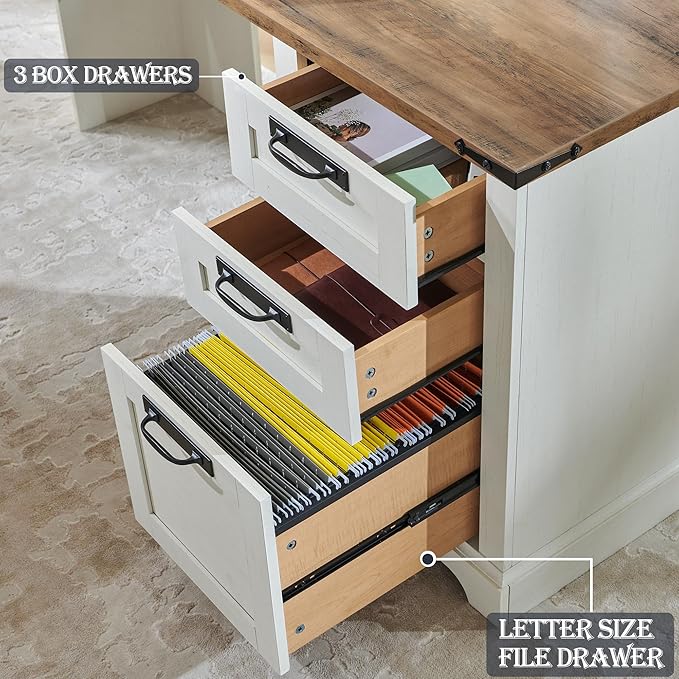 RedLemon 60 Farmhouse L Shaped Executive Desk with Drawers Wood Home Office Corner Desk with Charging Station File Drawer Storage Cabinet Rustic Computer Writing Desk (Antique White)