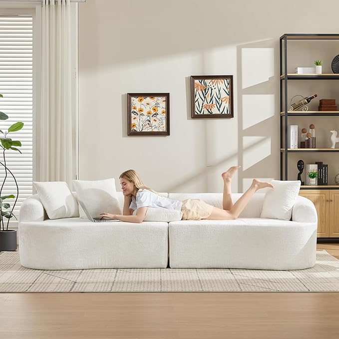 Curved Sectional Couch 110 Chenille Cloud Sofa with 4 Pillows 4-Seater Sleeper Sofa for Living Room Apartment Full Compression Sponge (Beige 110 Inch)