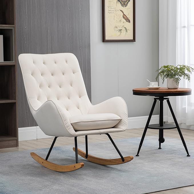 HOMCOM Mid-Century Fabric Rocking Chair Sofa Armchair Tufted Rocker Wingback Accent Chair with Padded Seat Rubber Wood Base for Home Studio Bedroom Living Room Cream White