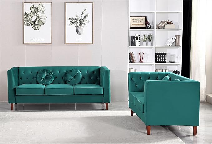 Kittleson Classic Chesterfield Velvet Sofa with Elegant Button Tufted Backrest Square Legs High-Density Foam &amp Accent Pillows 3 Seater Couch for Living Room Sofa Green