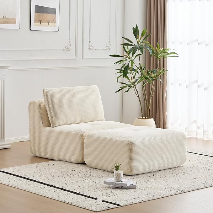 Memory Foam Compressed Sofa Bed Modern Beige Single Chaise Louge Comfy Futon Floor Couch Pet Friendly Fectional Couch for Living Room Bedroom No Assembly Movable OttomanCorduroy