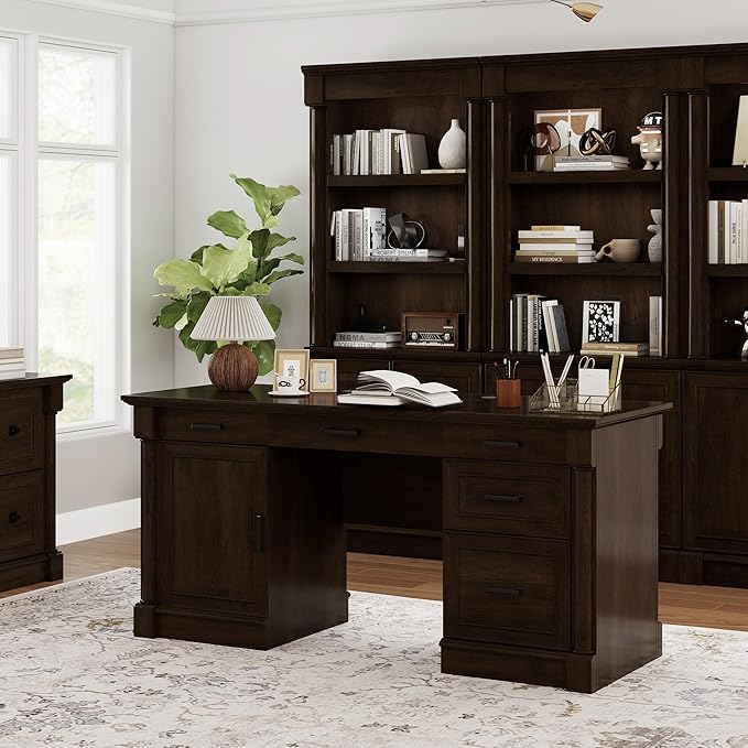 61.85″ Large Executive Desk with Roman Column Design for Boss Office Home Office 3 Drawers incl. File Drawer Keyboard Tray Shelf Cabinet with Door Dark Cherry