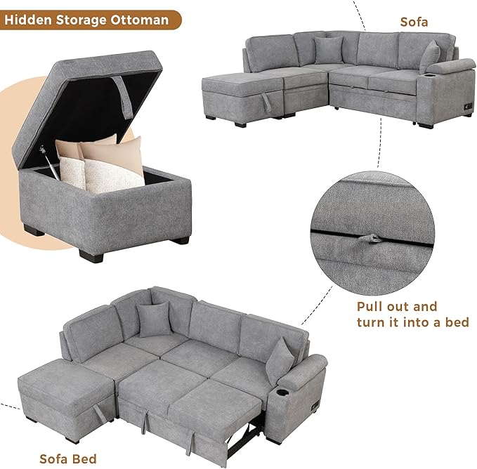 Flieks 87.4 Sleeper Sofa Bed2 in 1 Pull Out Sofa Bed L Shape Couch with Storage Ottoman for Living RoomBedroom Couch and Small ApartmentGray