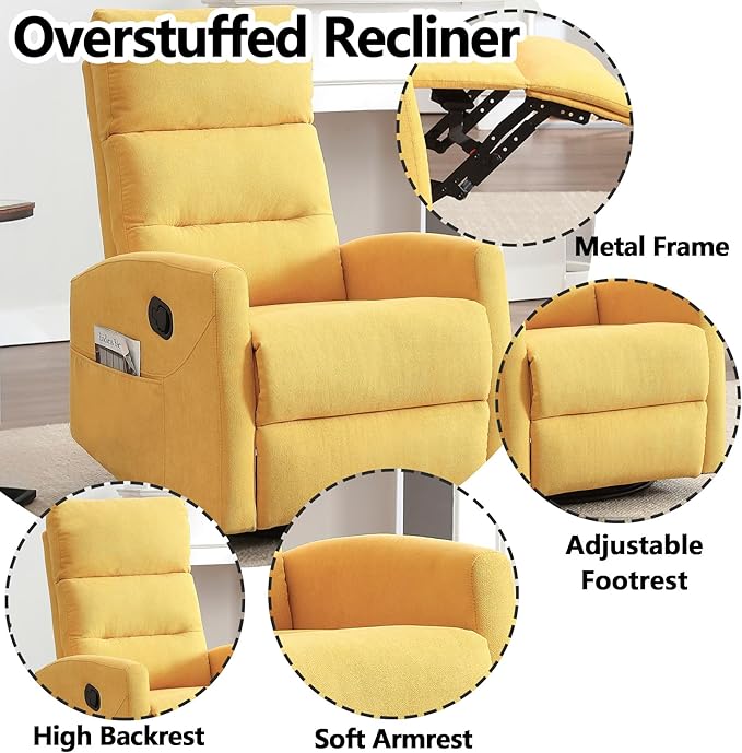 Slim Lazy Boy Recliners for for Adults Swivel Rocking Chair Recliner with High Back Small Recliner Chair for Small Spaces Manual Reclining Chair for Living Room Adjustable Footrest (Yellow)