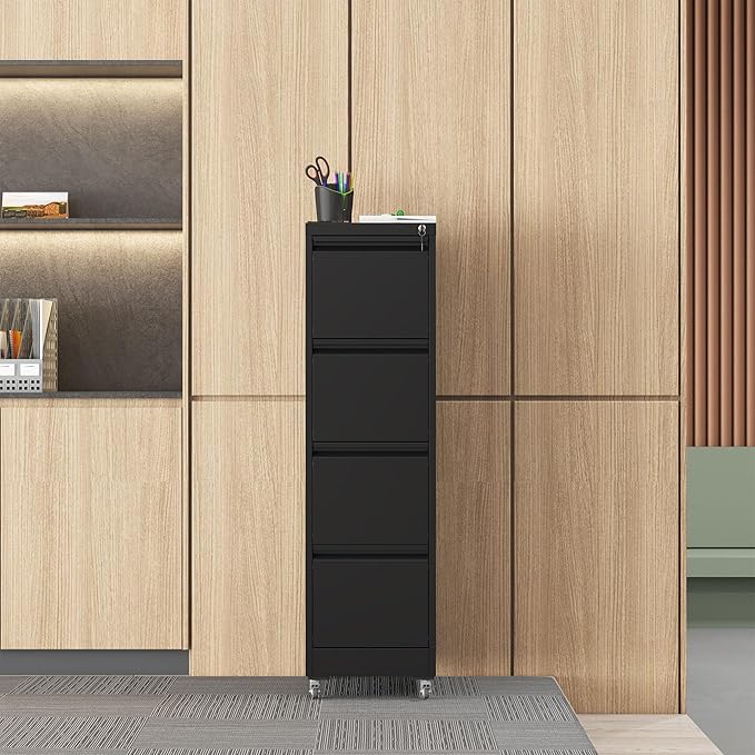 4 Drawer Small File Cabinet with LockUnder Desk Locking Drawers Storage Cabinet Organizer for HomeOffice Filing Cabinets17.71 D*15.16 W*52.28 HBlack