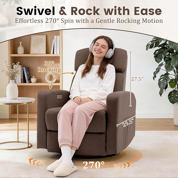 Power Swivel Recliner Chairs for Adults Electric Glider Rocking Chair Nursery Glider Recliner Nursery Chair with Classified Side Pocket Nursery Rocking Chairs with USB and Type-C Ports
