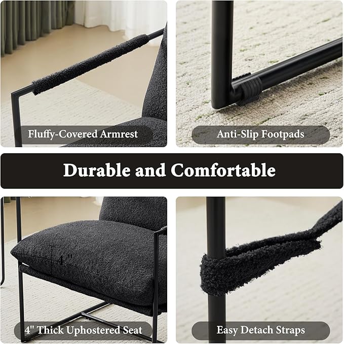 Furnilivng Large Sling Accent Chair Set of 2 Comfortable Boucle Fabric Arm Chair Upholstered Cozy Reading Chair for Living Room Bedroom Dressing Room Home Office Black