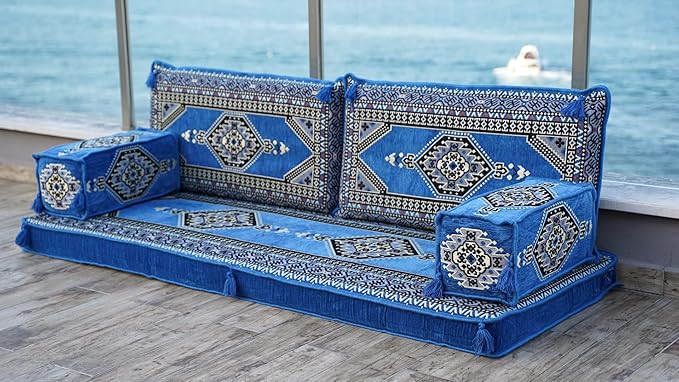 Single Arabic Floor Seating Cushions Arabic Majlis Floor Sofa Reading Nook Loveseat Sofa Single Floor Couch Ottoman Floor Pillows (Light Blue)