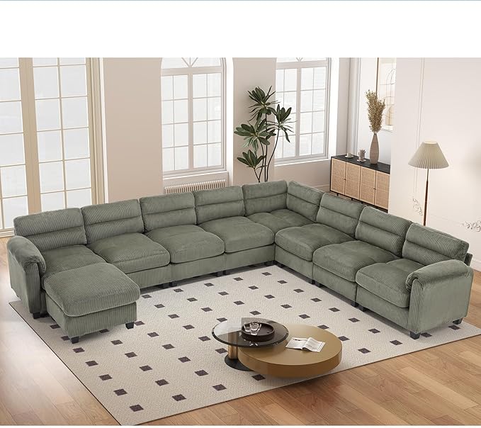 135” Modular Sectional L Shaped Corner Sofa with Movable Ottoman Corduroy 9-Seater Couches with Thick Cushion for Living Room Green