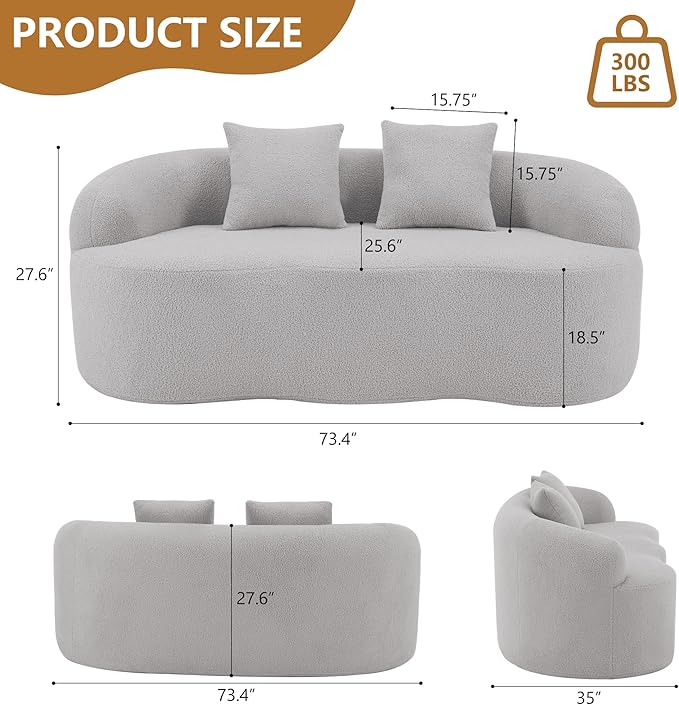 73”Curved Loveseat Sofa for Living Room Deep Seat Love Seat Couch with 2 Throw Pillows Modern Loveseat Adopt Teddy Fabric Suitable Small Spaces The Cloud Loveseat No Assembly Needed