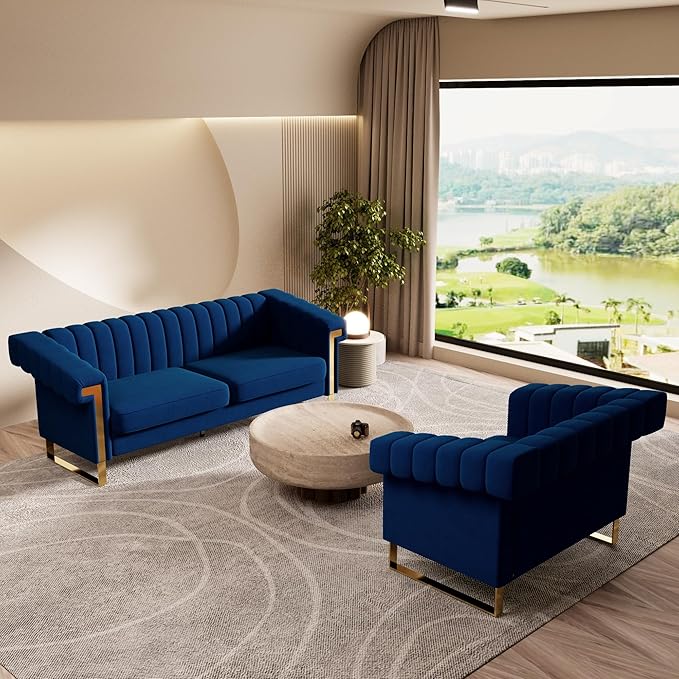 Mid-Century Modern Blue Velvet Single Sofa with Gold Metal Legs 49 Luxury Chesterfield Comfy Blue Sofa Chair for Living Room (Blue-1 Seater)
