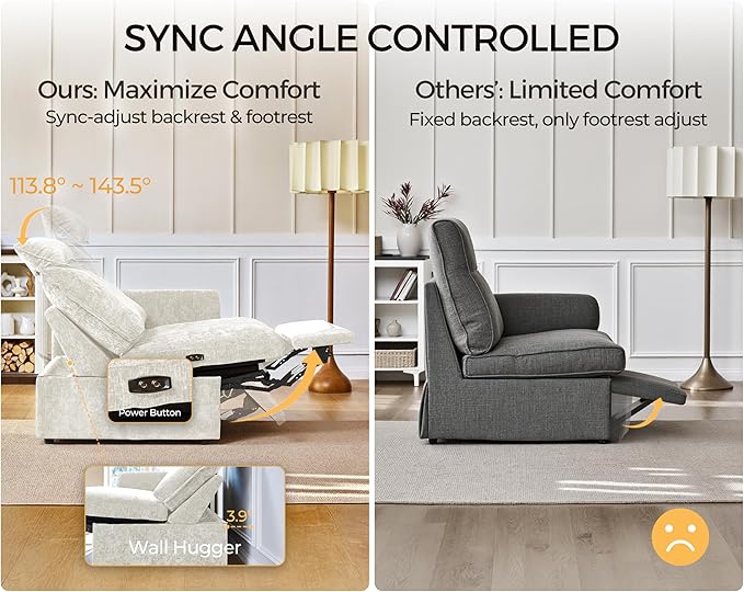 Power Recliner Seat for Olar Oversized Modular Sectional Sofa with Removable Headrest for Tall Man Zero-Clearance Electric Home Theater Seating Reclining Sofa Chenille White