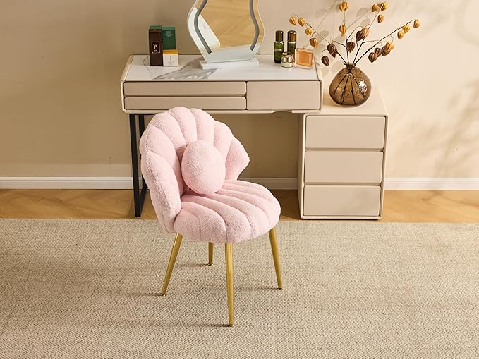 VINGLI Shell-Shaped Teddy Fleece Accent Vanity Chair with BackComfy Pink and Gold Desk Chair No WheelsCute Small Pearl Deco PillowGift for Girls/Womenfor MakeupOfficeDiningNailSewingBedroom