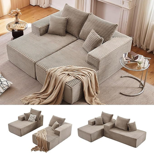75Oversized Chaise Lounge ChairSectional Double Lounge Chaise with Pillows Upholstered Corduroy Boneless Lounge Chair Fluffy Modern Loveseat Sleeper Sofa for Living Room or Bedroom(Camel)