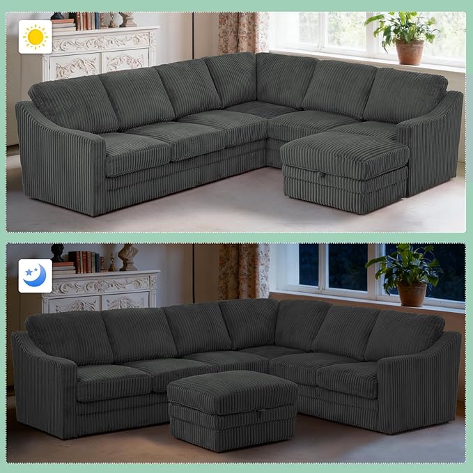 115 Corduroy Sectional Sofa with Storage Ottoman Modern 7 Seats Corner Couch with Deep Seat Comfy Modular U Shaped Couch with Comfortable Cushions for Living Room Grey