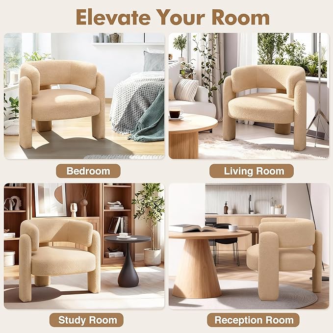 Accent Chairs Set of 2 Modern Sherpa Barrel Chairs Upholstered Living Room Chairs with 3 Legs Comfy Armchair Reading Side Chair for Bedroom Office Apartment Khaki