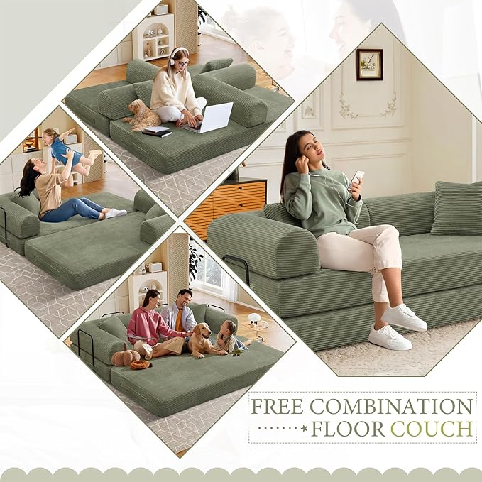 78 Convertible Sleeper Sofa Bed with Cylindrical Pillow Corduroy Folding Mattress Couch with Fixed Frame Floor Sofa Lounge Couch for Living Room Bedroom Apartment Light Green