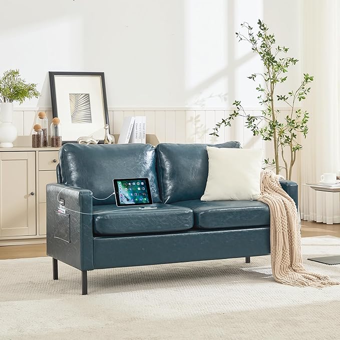 STHOUYN 57 W Faux Leather Loveseat w/ 2 USB Small Loveseat Sofa w/Side Pockets Wooden Frame Small Couch w/Metal Legs Office Mini Couch for Dorm Bedroom Apartment