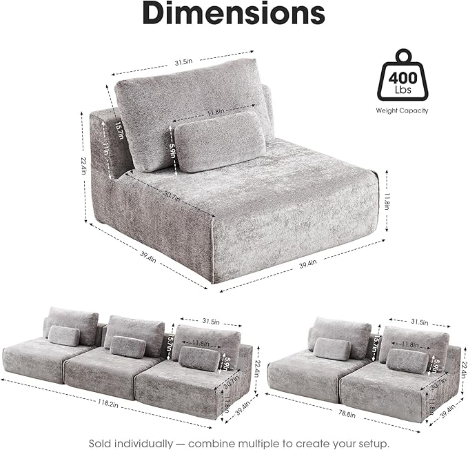 Modular Sectional Sofa 2-Piece Grey Plush Velvet Loveseat Couch No-Assembly Compressed Deep-Seat 2-Seat for Small Spaces Living Rooms Apartments