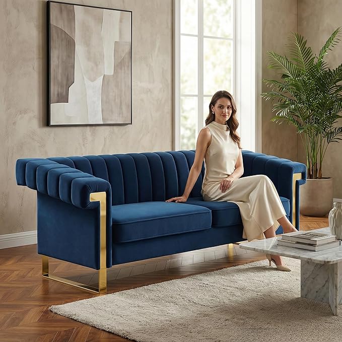 Luxury Velvet 3-Seater Sofa Mid-Century Modern Couch with Gold Metal Legs Waterfall Stitched Back Removable Cushions for Living Room Durable &amp Comfortable (Blue)