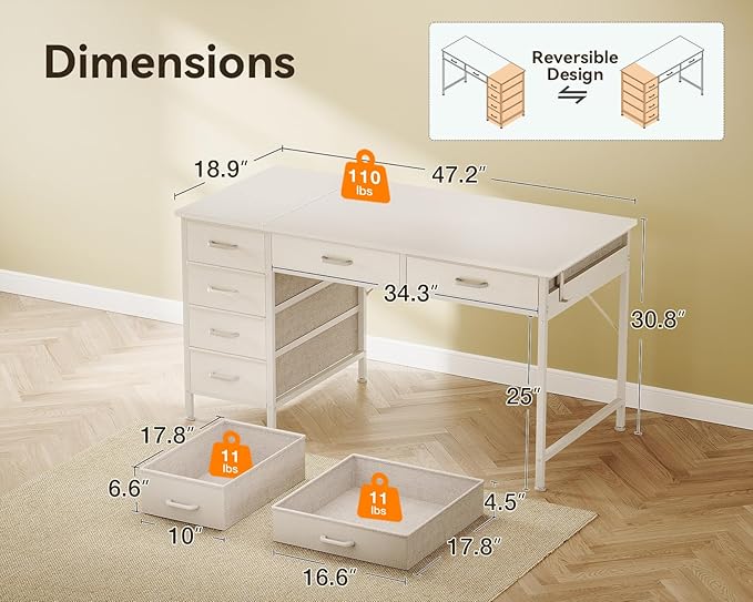 ODK Computer Desk with 6 Drawers 48 Inch Office Desk with Storage Reversible Desk with Headphone Hook for Home Office Work Study Table Vanity for Bedroom White
